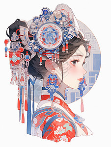 戏曲卡通穿着红色喜庆的古风服装头戴民族风华丽装饰的古风卡通女孩插画