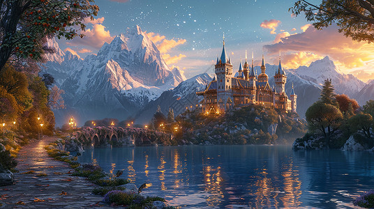 一座雪山傍晚湖边一座美丽梦幻的卡通城堡插画