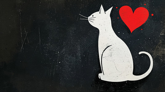 黑色素材爱心深色背景一只可爱的卡通白色猫与红色爱心插画