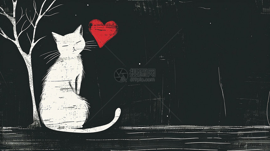 一只白猫一棵树一个红色爱心简约插画图片