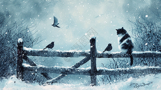 冬天坐在木头栏杆上的卡通小花猫与飞鸟插画
