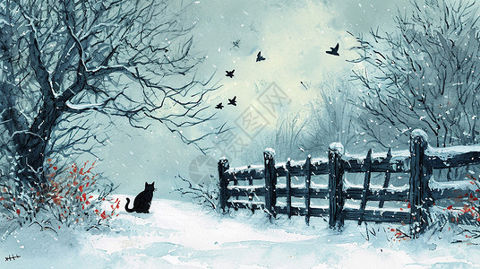 大雪路上冬天雪地里在篱笆旁小路上的一只小黑猫插画