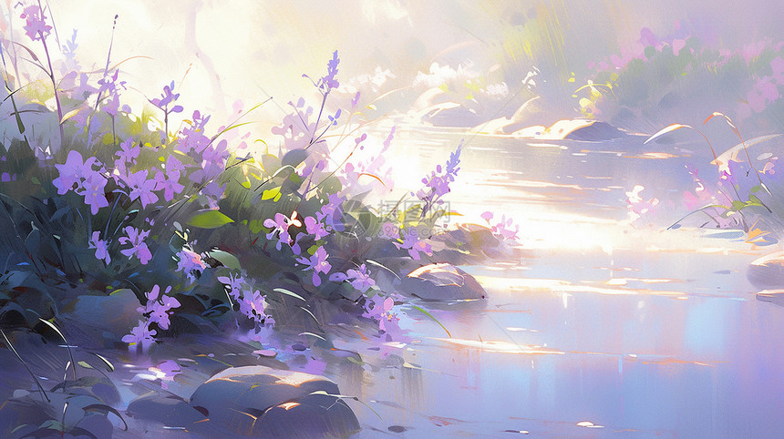 梦幻唯美的卡通小溪旁开着很多紫色小花图片