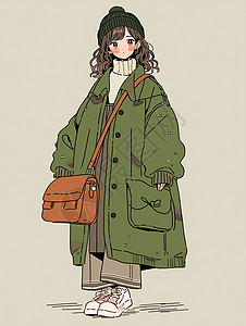 背着橙色斜跨包包穿着超大绿色大衣的时尚卡通女孩背景图片
