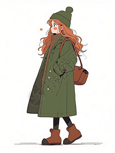 棕色帽子戴着墨绿色帽子棕色长卷发时尚的卡通女孩手插兜插画