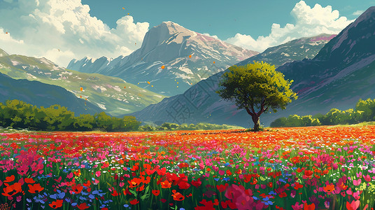 一颗孤独的树春天一片开满红花的小山坡上有一颗树插画