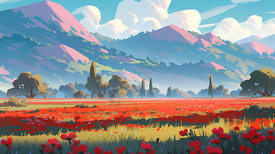 野外一大片草地上开满红色花朵为么卡通风景背景图片
