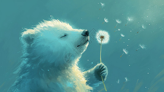 拿着旗子小熊拿着一只蒲公英的可爱卡通小白熊插画插画