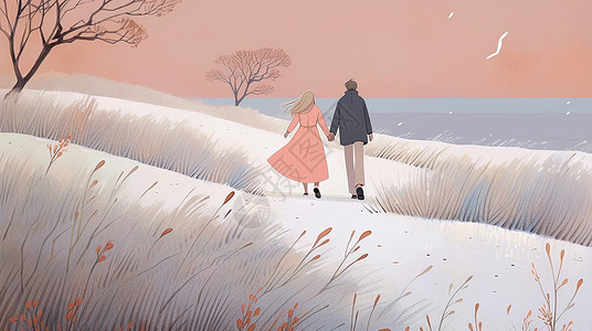 手拉手在湖边散步的卡通青年情侣背影插画