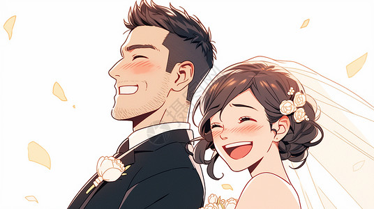 正装女人正在结婚开心笑的卡通新郎新娘插画