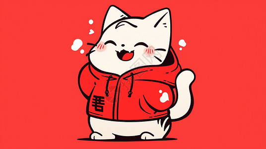 穿着红色大毛衣的卡通小白猫背景图片