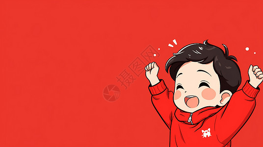 穿着红色衣服举起双手开心笑的卡通小男孩背景图片