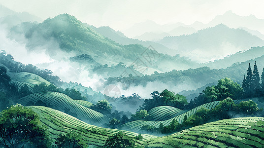 春天云雾间美丽的山坡田地卡通风景背景图片