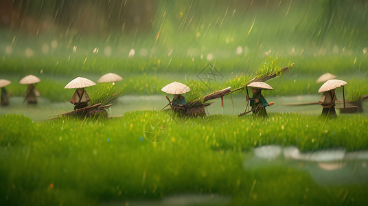 春天大雨中戴着草帽一群干活的卡通农民背景图片