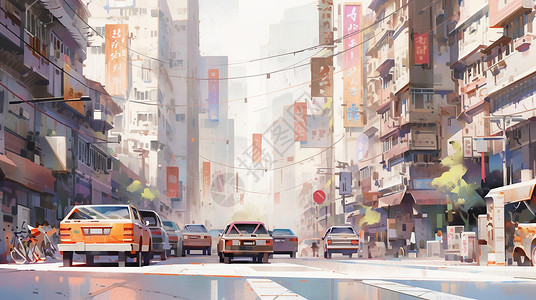 卡通街景复古风小镇城市街道上几辆汽车在行驶插画