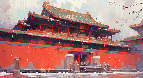 冬天喜庆的红墙古风卡通建筑唯美风景画背景图片