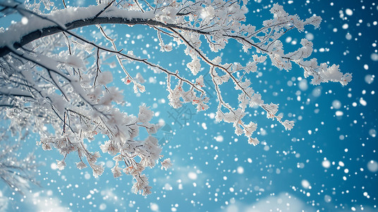 大雪中挂满雪的卡通树枝唯美风景画背景图片