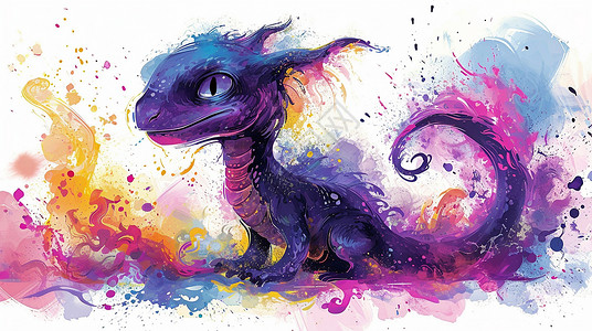 魔幻炫彩的深紫色卡通龙背景图片