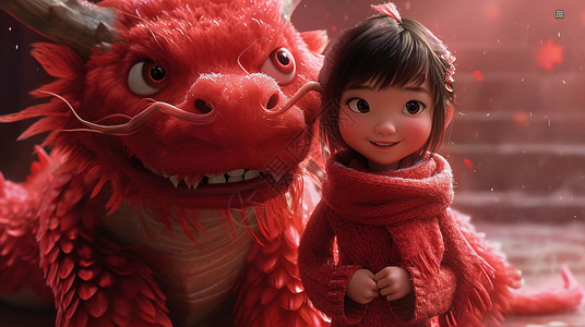 围着红色围巾穿着红毛衣站在胖胖的龙旁可爱的卡通小女孩插画