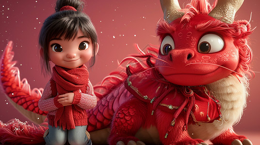 穿着粉色毛衣与红色可爱的龙在一起的立体卡通小女孩高清图片