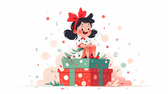 红色礼物蝴蝶结头戴红色蝴蝶结坐在礼物盒上开心笑的可爱卡通小女孩插画