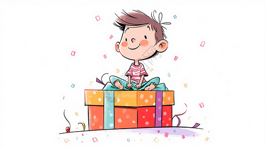 红脸蛋可爱的卡通小男孩坐在大大的礼物盒上背景图片