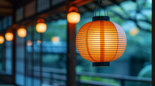 日式几何灯笼悬挂在走廊中亮起来的红灯笼插画