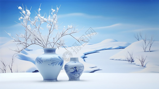 在雪地中两个古风花瓶背景图片