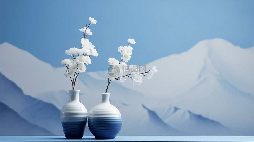 优雅复古花瓶与远处的雪山图片