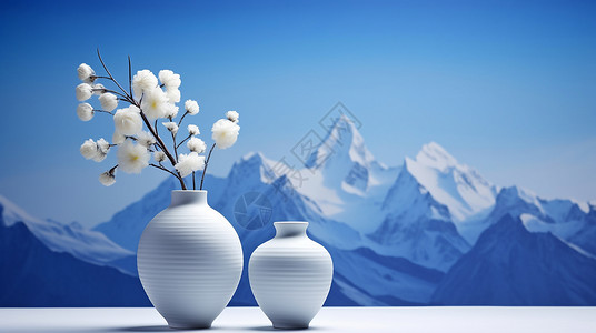 两个白色小花瓶与雪山背景图片