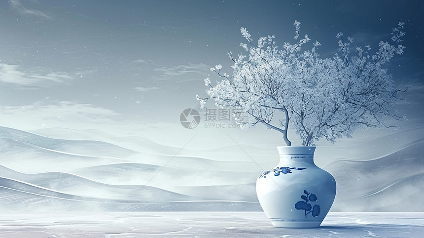 冬天蓝色调古风大气的花瓶插花图片