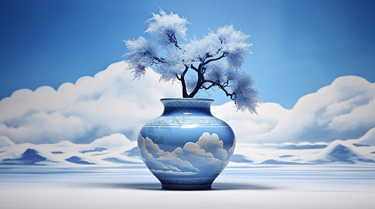 古风蓝色花瓶插着一枝古松背景图片