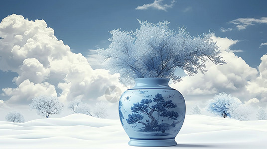 在雪地中一个仿古文物青花瓷插花背景图片