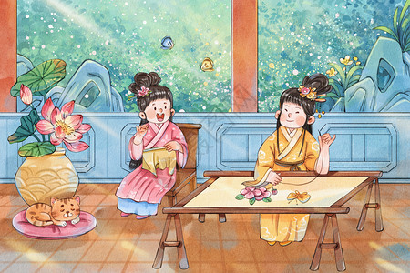 彝族刺绣手绘水彩非遗文化之古风古代刺绣插画插画