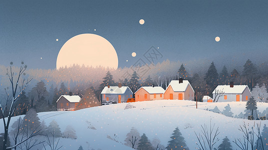 村庄夜晚冬天夜晚唯美漂亮的卡通小村庄插画