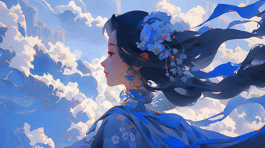 蓝色的龙头戴蓝色花朵长发飘飘的古风漂亮卡通女孩插画