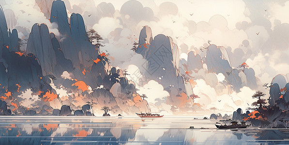 高高的山川间云雾缭绕湖面上几艘小船唯美中国画背景图片