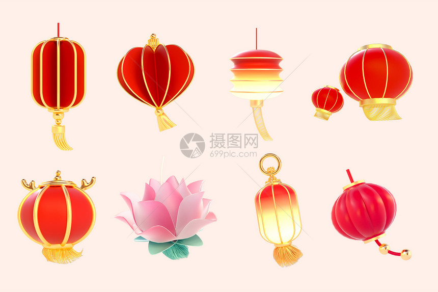 c4d立体中国风春节灯笼系列组图3d插画图片
