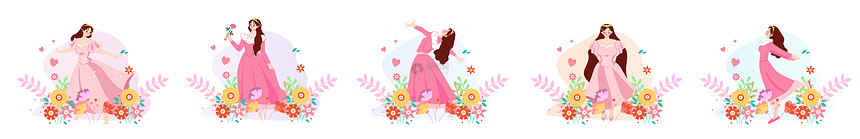 妇女节扁平风小清新鲜花女王舞蹈场景氛围人物svg插画元素图片