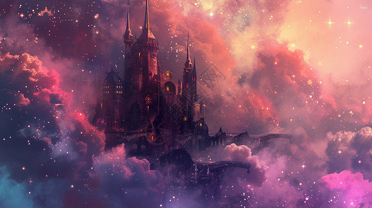 魔幻城堡在大大的月球下一座魔幻复古的卡通城堡插画