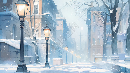 中杆灯素材冬天大雪中亮起灯的卡通小镇风景插画