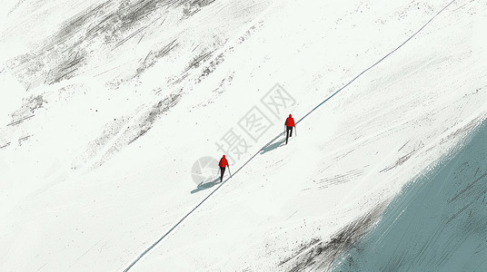 两个穿红色衣服的卡通人物剪影在白白的雪地中徒步背景图片