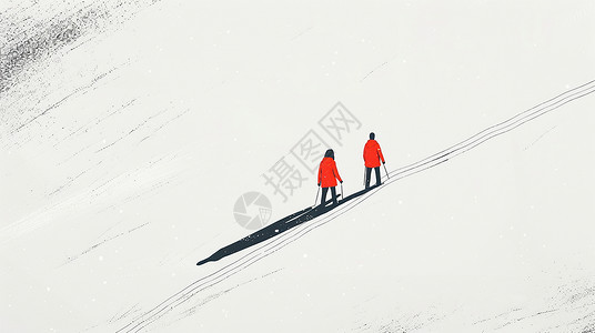 人物登山两个在雪地中走路穿红色衣服的卡通人物背影插画