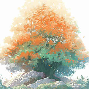 橙绿渐变漂亮的马赛克风卡通大树高清图片