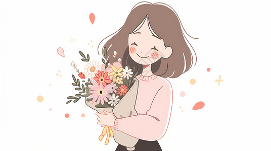 白色教师节贺卡穿粉色毛衣抱着花束微笑的小清新卡通女人插画