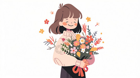简约教师节抱着花束面戴微笑小清新漂亮的卡通女孩插画
