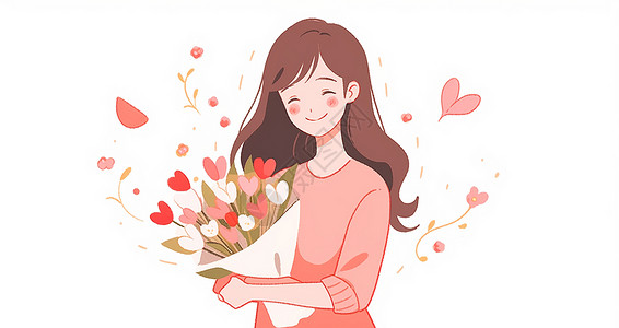 柔美女神节背景抱着花束微笑的长发卡通女人插画