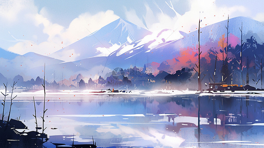冬天湖泊与山川唯美漂亮的卡通山水画图片