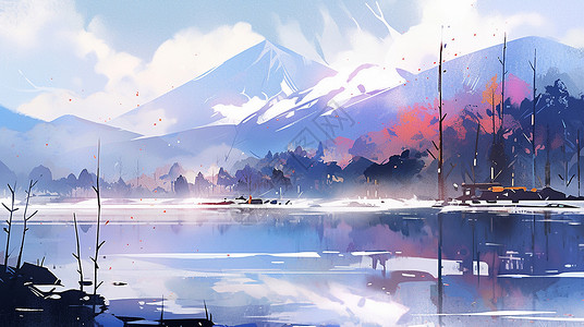 冬天湖泊与山川唯美漂亮的卡通山水画背景图片