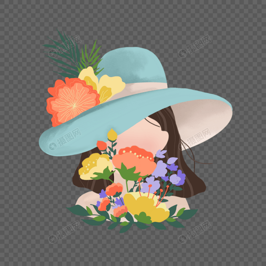 彩色鲜花围绕戴帽子的女人图片